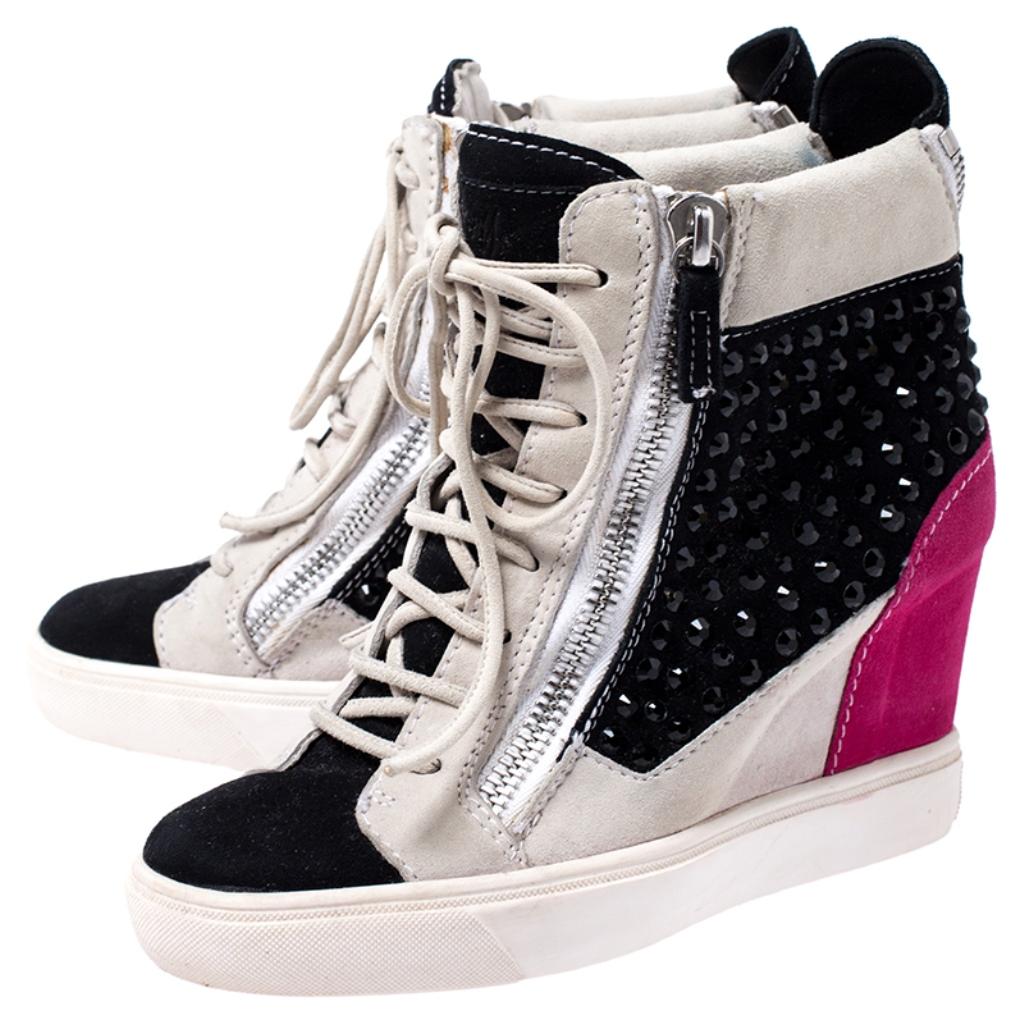 Gray Giuseppe Zanotti Multicolor Crystal Embellished Suede Wedge Sneakers Size 36