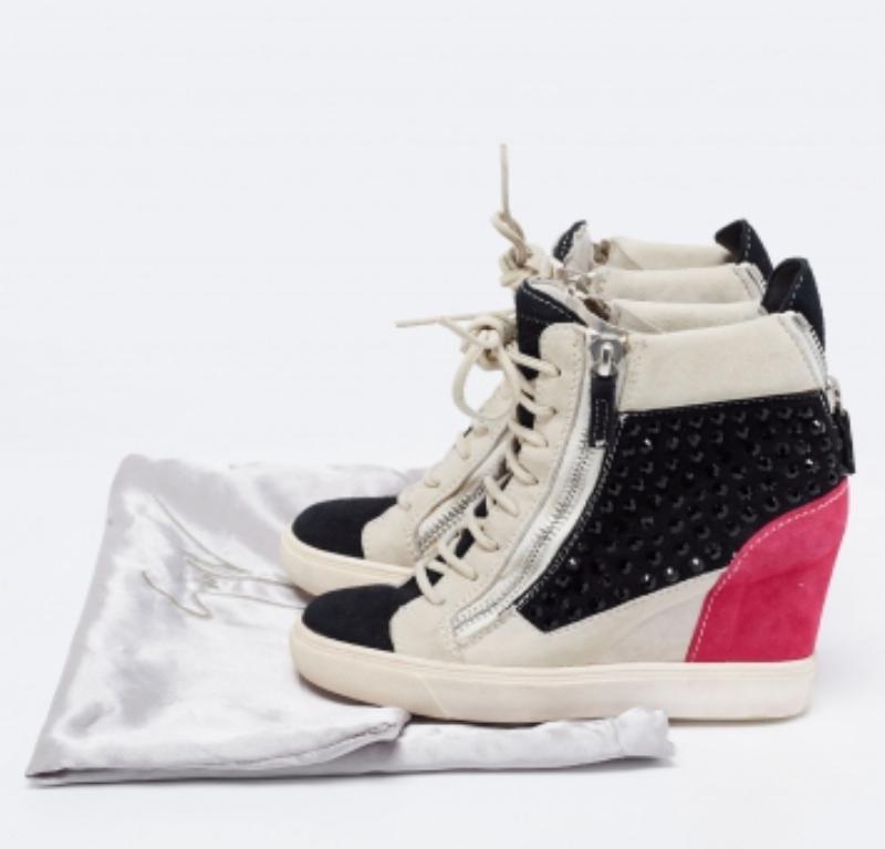 Giuseppe Zanotti Multicolor Crystal Embellished Suede Wedge Sneakers Size 36 For Sale 3