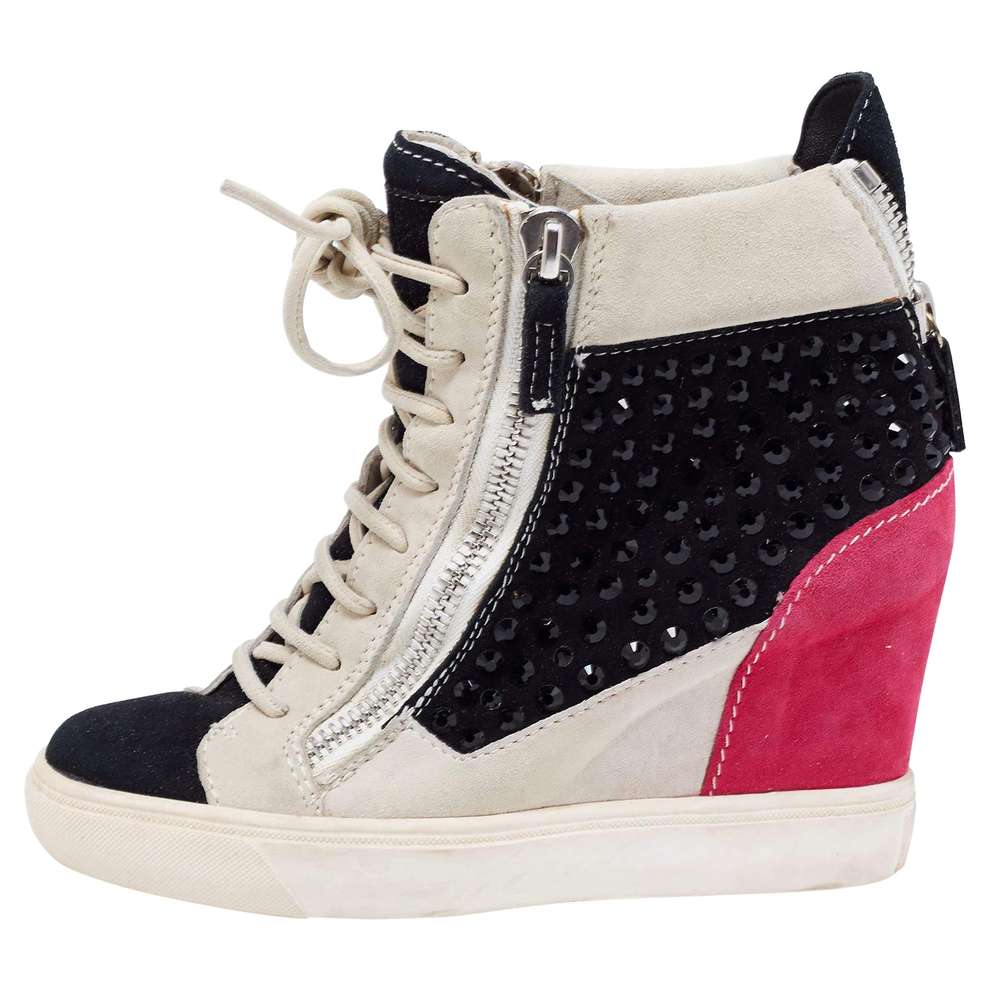 Giuseppe Zanotti Multicolor Crystal Embellished Suede Wedge Sneakers Size 36