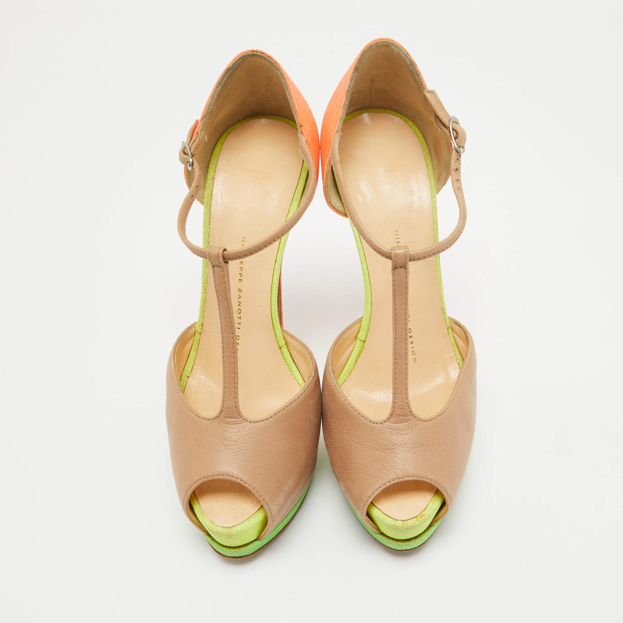 Beige Giuseppe Zanotti Multicolor Leather and Glitter Ankle Strap  Sandals Size 36 For Sale