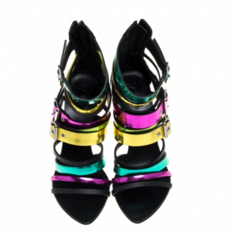 Black Giuseppe Zanotti Multicolor Leather Cage Sandals Size 38 For Sale