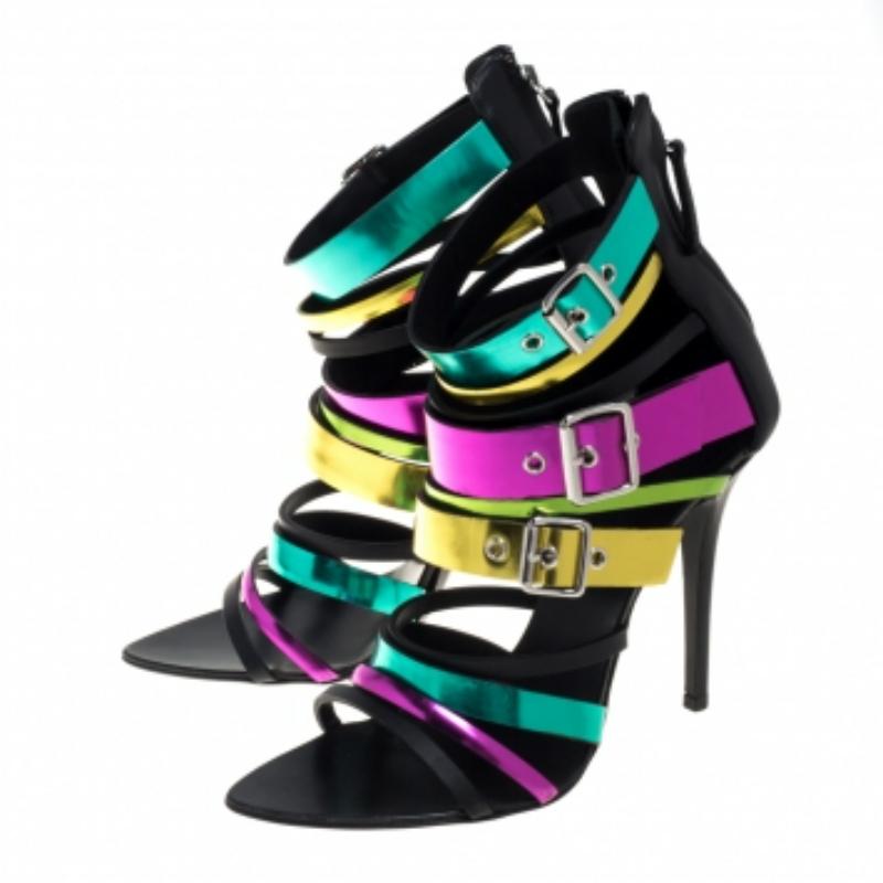Giuseppe Zanotti Multicolor Leather Cage Sandals Size 38 In Good Condition For Sale In Dubai, Al Qouz 2