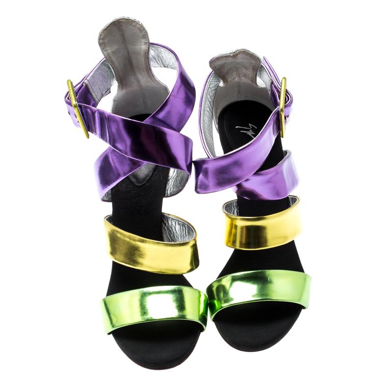 Black Giuseppe Zanotti Multicolor Mirror Leather Cross Strap Sandals Size 37.5