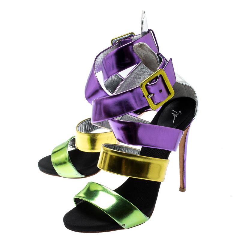 Women's Giuseppe Zanotti Multicolor Mirror Leather Cross Strap Sandals Size 37.5