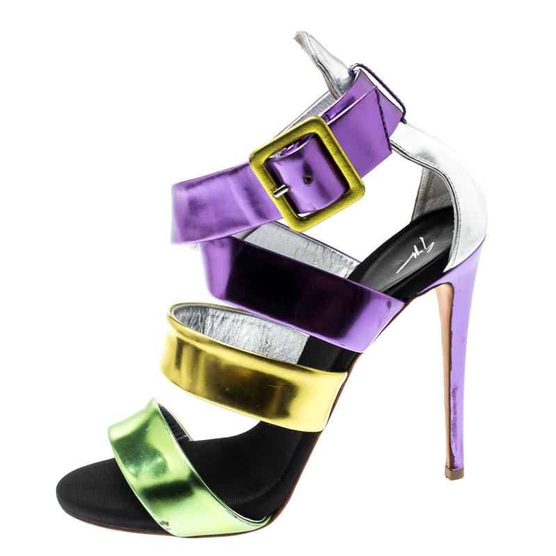 Giuseppe Zanotti Multicolor Mirror Leather Cross Strap Sandals Size 37.5 1