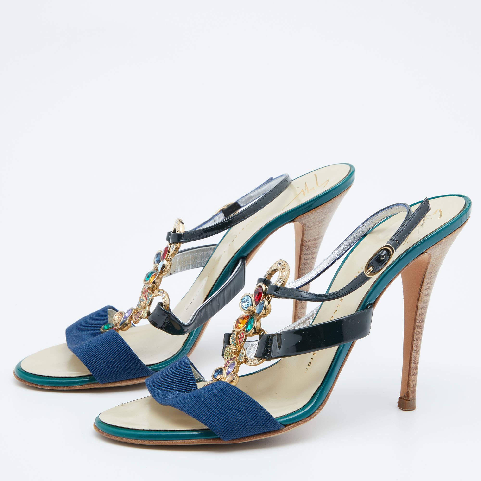 Gray Giuseppe Zanotti Multicolor Patent Leather Crystal Embellished Slingback Sandals For Sale