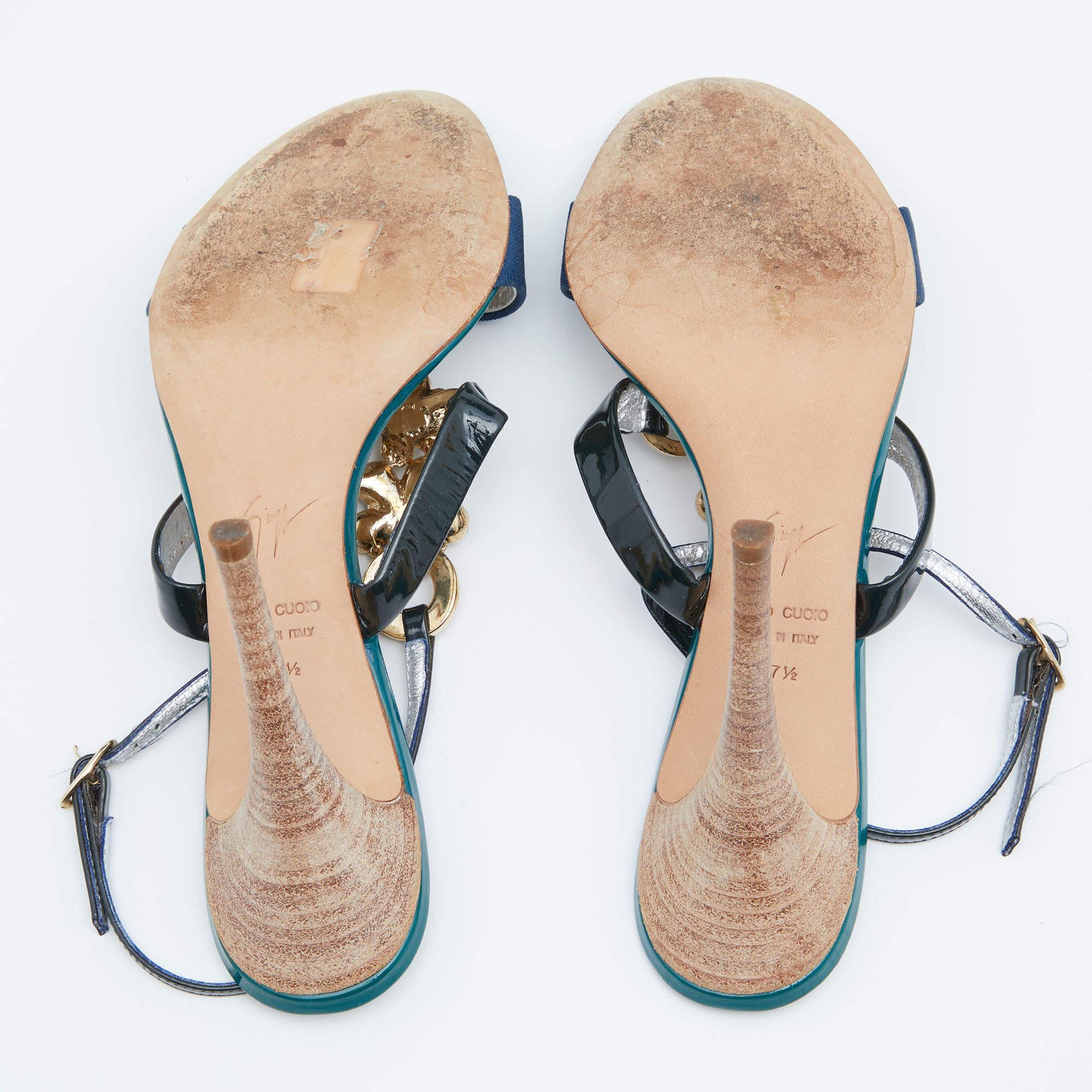 Giuseppe Zanotti Multicolor Patent Leather Crystal Embellished Slingback Sandals For Sale 1