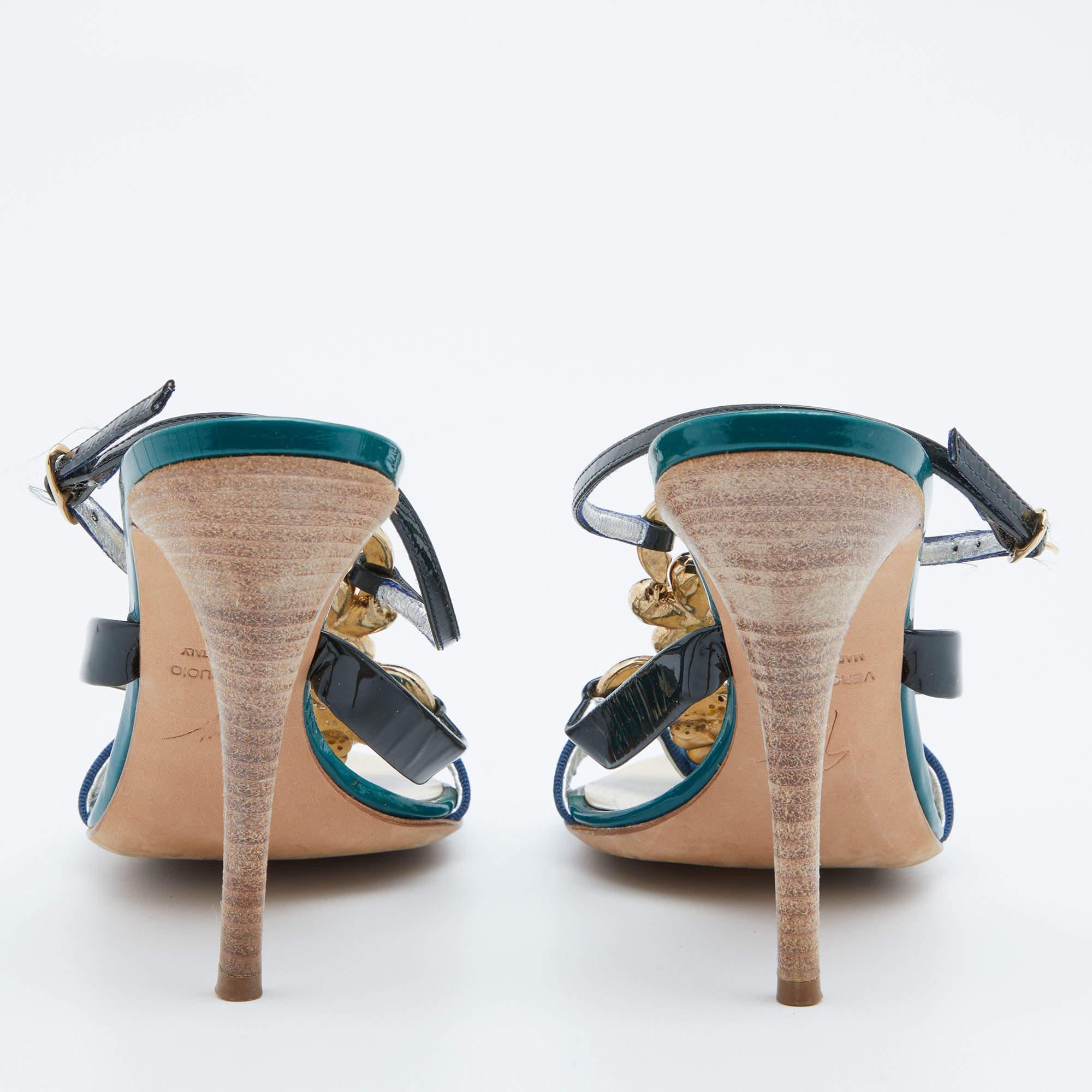 Giuseppe Zanotti Multicolor Patent Leather Crystal Embellished Slingback Sandals For Sale 3