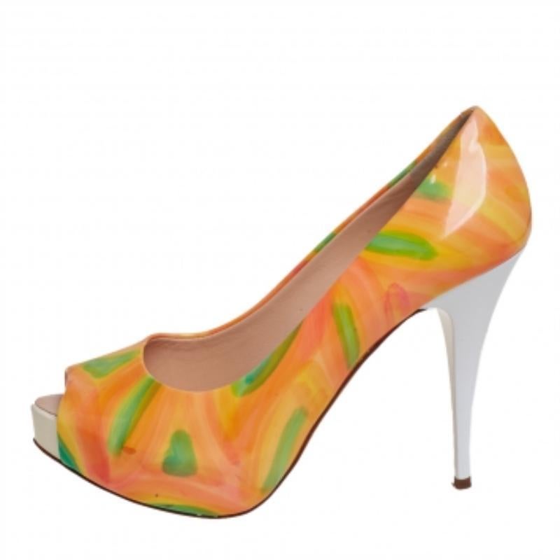 Brown Giuseppe Zanotti Multicolor Patent Leather Platform Peep Toe Pumps Size 36 For Sale