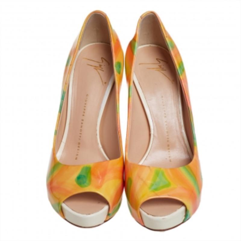 Women's Giuseppe Zanotti Multicolor Patent Leather Platform Peep Toe Pumps Size 36 For Sale