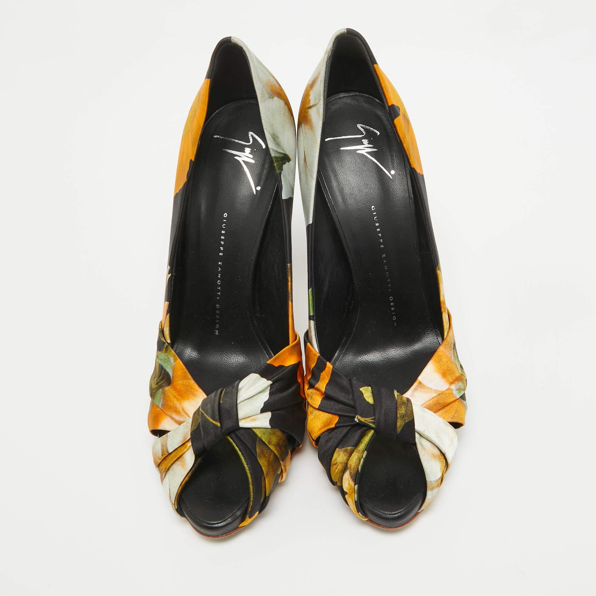 Brown Giuseppe Zanotti Multicolor Satin Floral Silk Peep Toe Pumps Size 40 For Sale