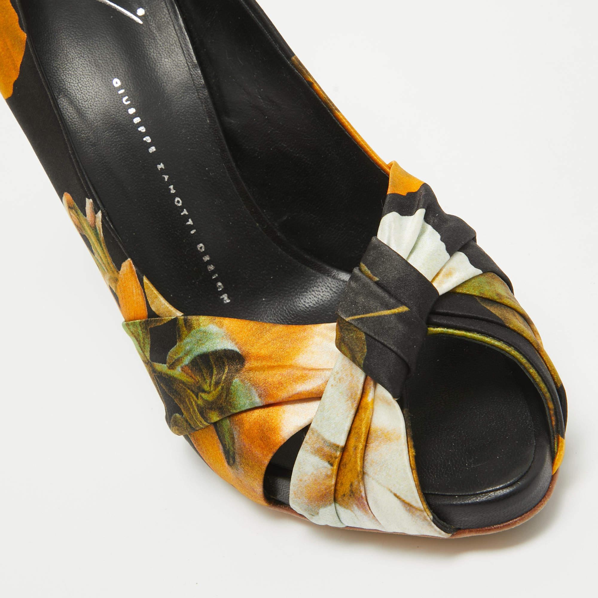 Giuseppe Zanotti Multicolor Satin Floral Silk Peep Toe Pumps Size 40 For Sale 2