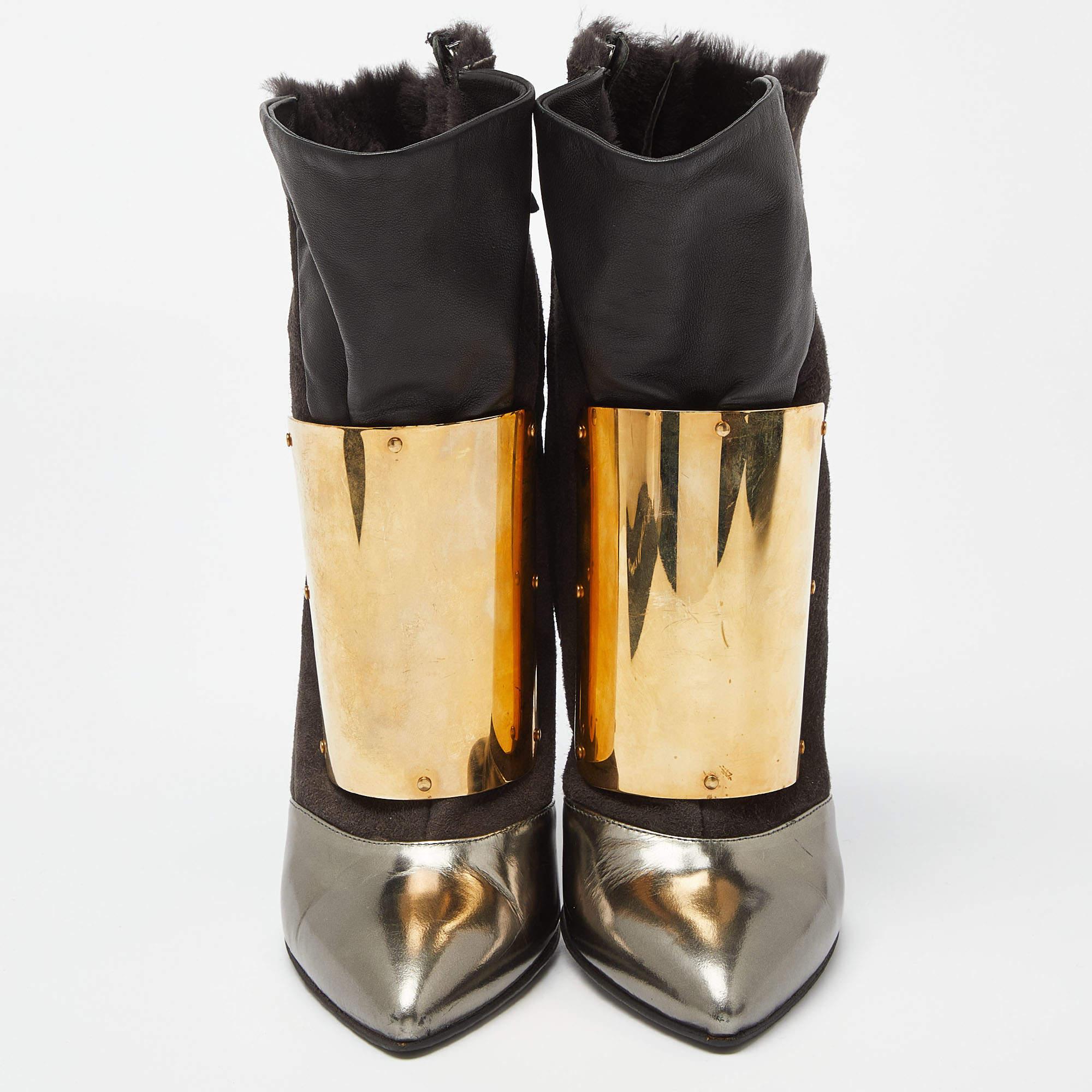 Black Giuseppe Zanotti Multicolor Suede and Leather Pointed Toe Ankle Boots Size 36.5