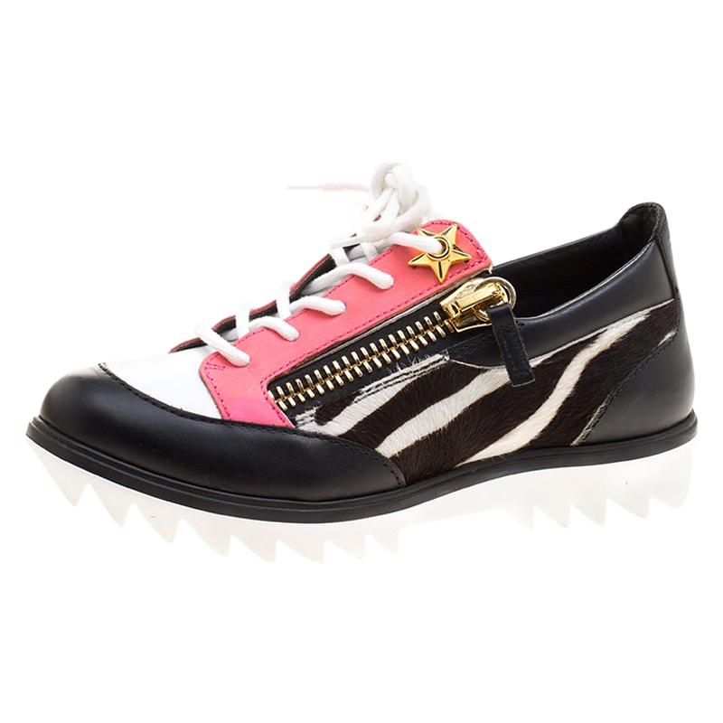 Giuseppe Zanotti Multicolor Zebra Print Leather Lace Up Sneakers Size 37