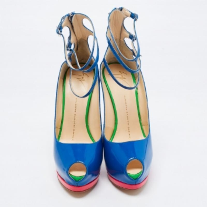 Giuseppe Zanotti escarpins à triple bride à bout ouvert en cuir verni multicolore taille 37 en vente 2