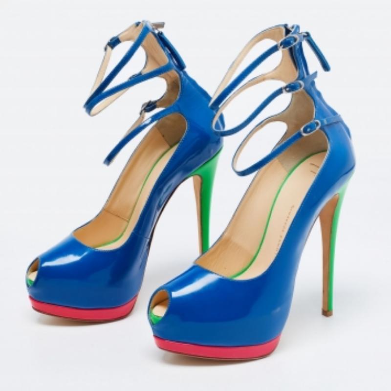 Giuseppe Zanotti escarpins à triple bride à bout ouvert en cuir verni multicolore taille 37 en vente 3