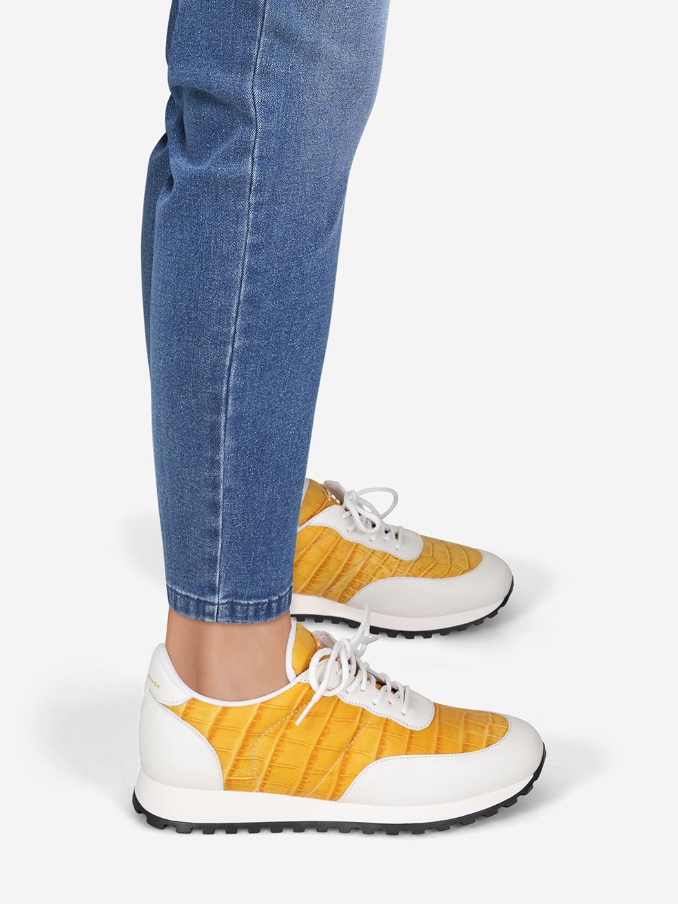 CONDITION is New with tags on this brand new Giuseppe Zanotti designer item. This item comes with original packaging.
 

 
 Details
 
 
 I160018
 
 Model: Jimi Running
 
 Mustard
 
 Leather
 
 Trainers
 
 Logo hardware
 
 Crocodile embossed
 
 Lace