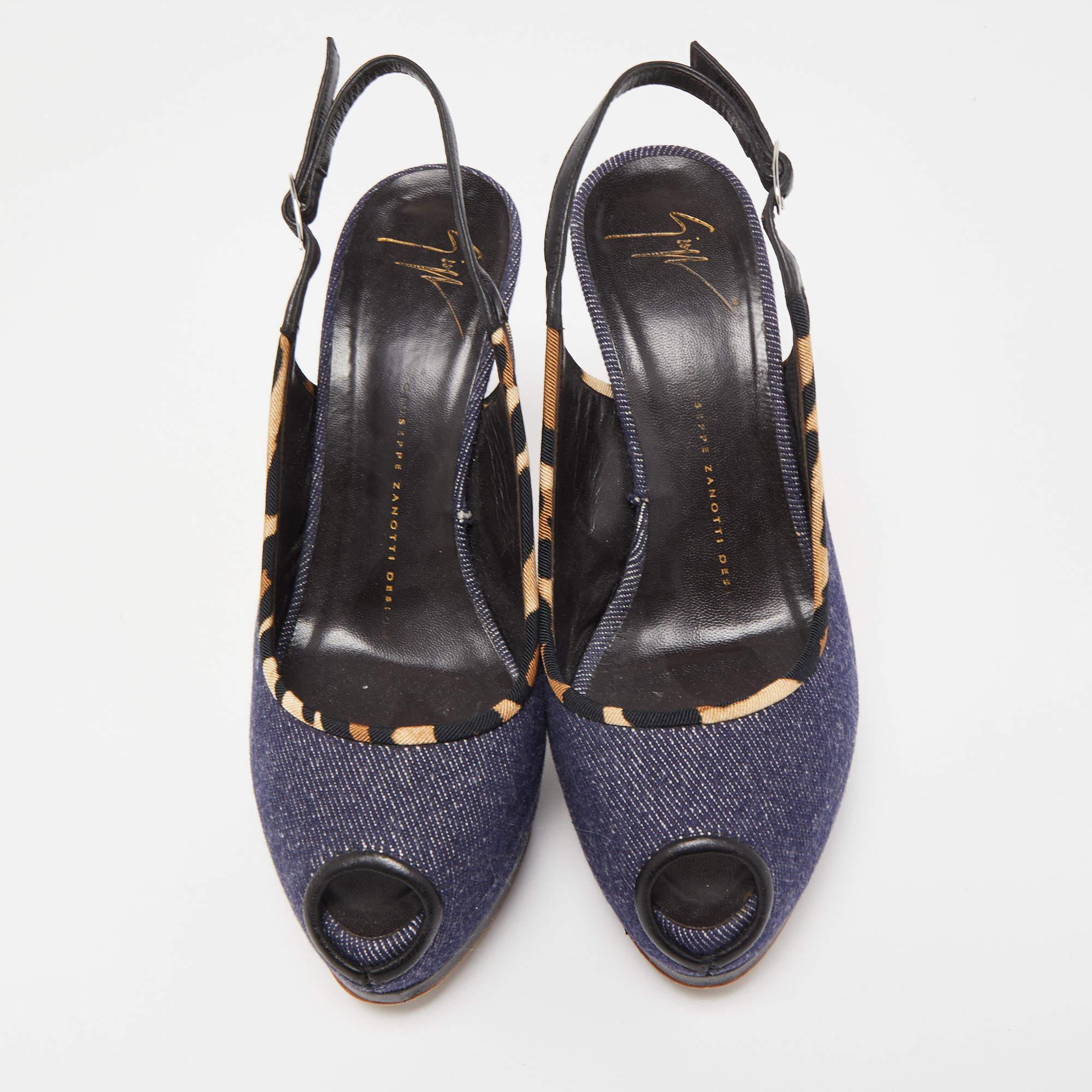 Nero Giuseppe Zanotti, blu navy, Denim, Peep Toe, Platform Slingback Pumps, 37.5