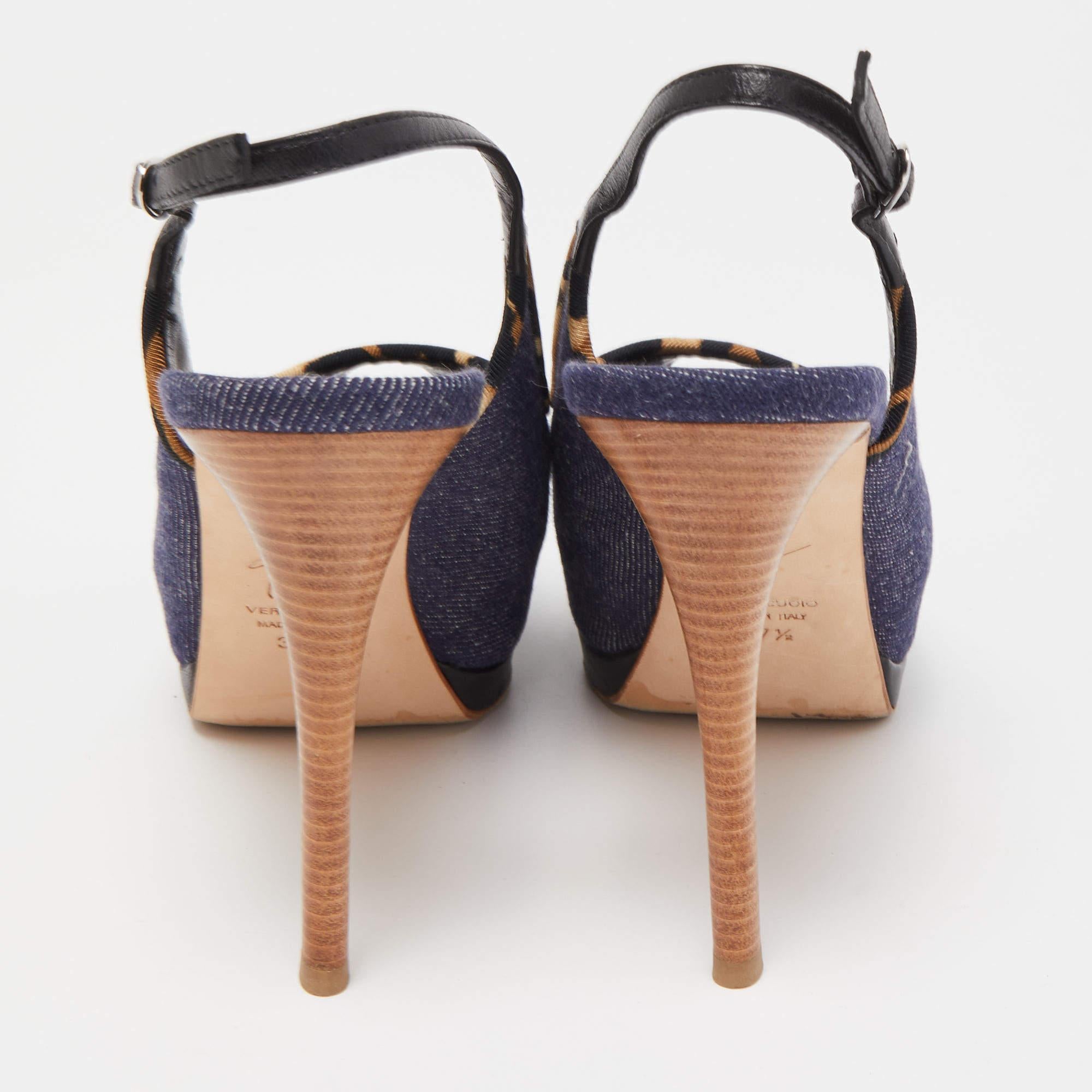 Donna Giuseppe Zanotti, blu navy, Denim, Peep Toe, Platform Slingback Pumps, 37.5