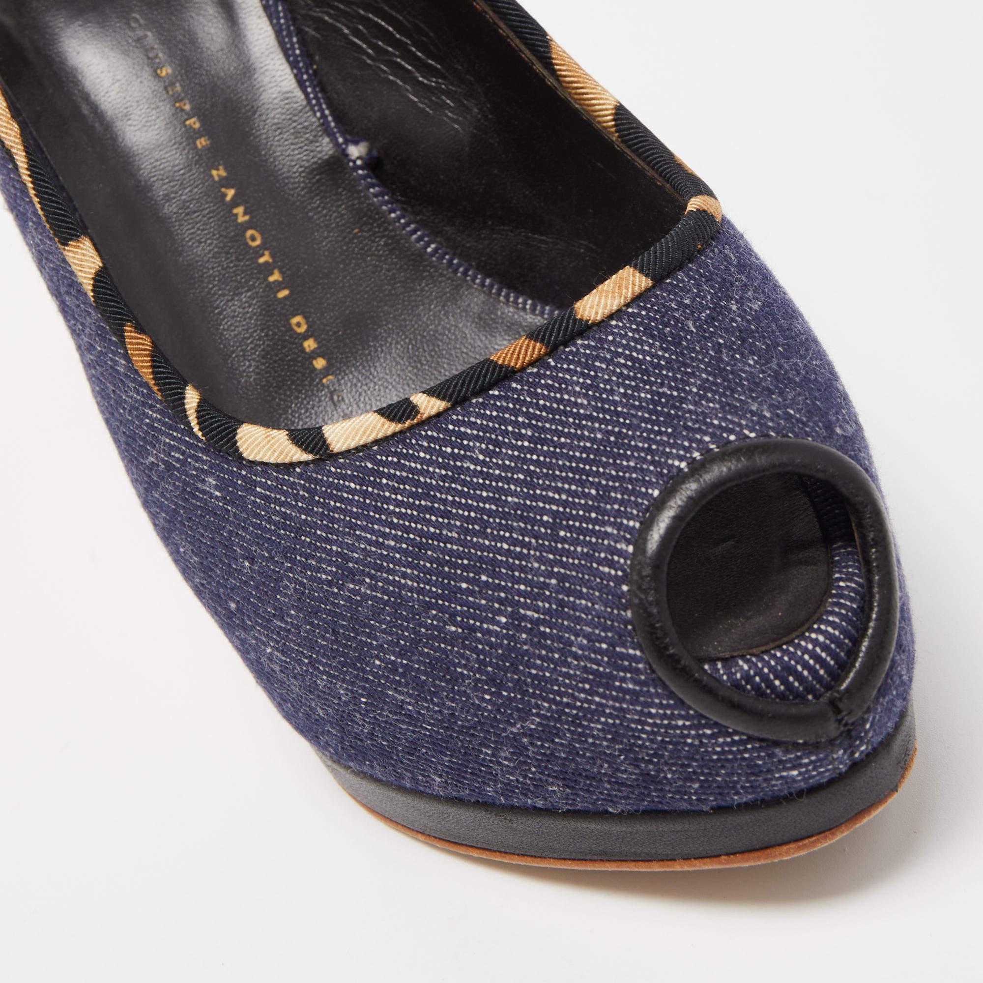Giuseppe Zanotti, blu navy, Denim, Peep Toe, Platform Slingback Pumps, 37.5 2