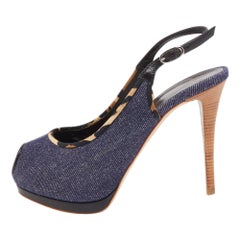 Giuseppe Zanotti Navy Blue Denim Peep Toe Platform Slingback Pumps Size 37.5