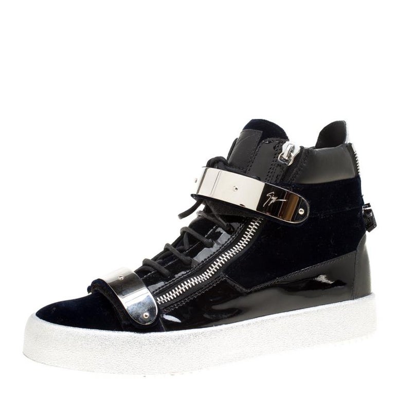 Giuseppe Zanotti Navy Blue Velvet Black Leather Coby High Top Sneakers ...