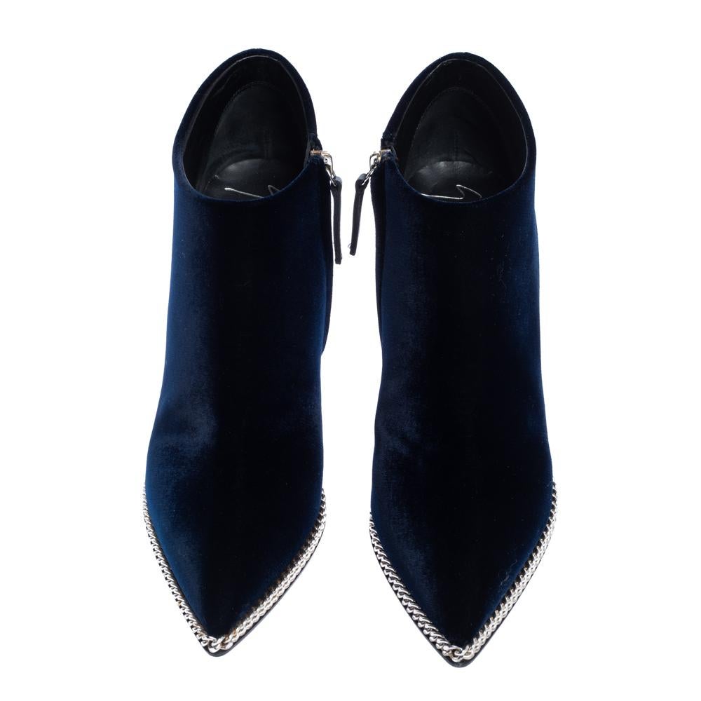 Black Giuseppe Zanotti Navy Blue Velvet Chain Embellished Wedge Ankle Boots Size 37