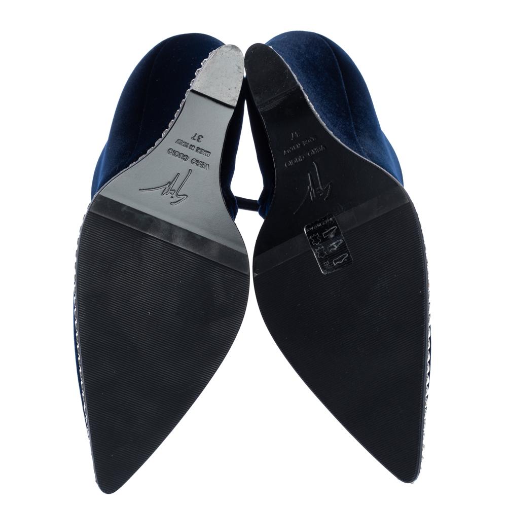 Women's Giuseppe Zanotti Navy Blue Velvet Chain Embellished Wedge Ankle Boots Size 37