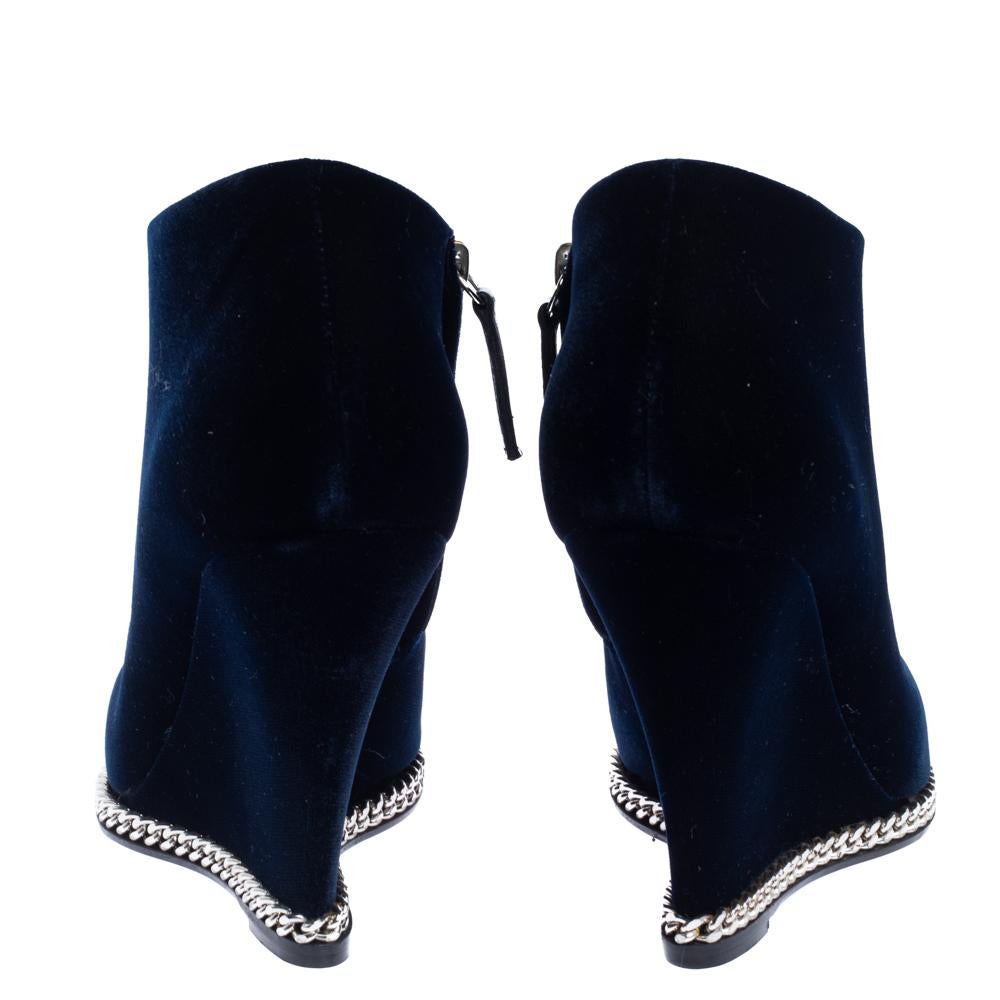 Giuseppe Zanotti Navy Blue Velvet Chain Embellished Wedge Ankle Boots Size 37 1