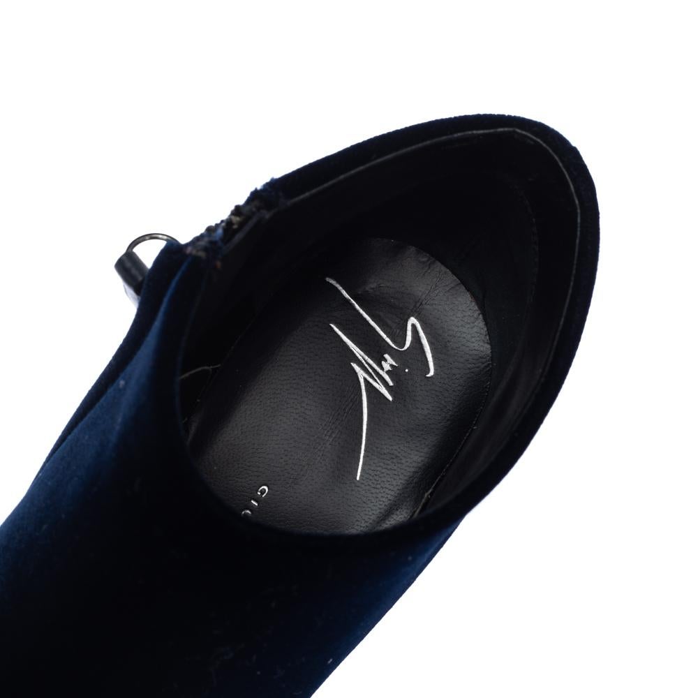 Giuseppe Zanotti Navy Blue Velvet Chain Embellished Wedge Ankle Boots Size 37 2