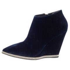Giuseppe Zanotti Navy Blue Velvet Embellished Wedge Ankle Boots Size 41