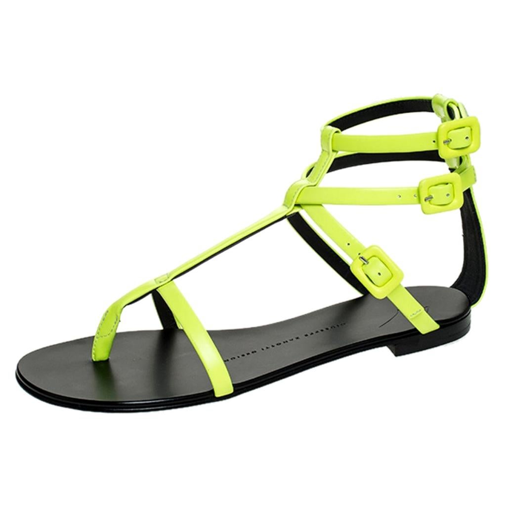 Giuseppe Zanotti Neon Green Leather Rock 10 T-Strap Flat Sandals Size 38