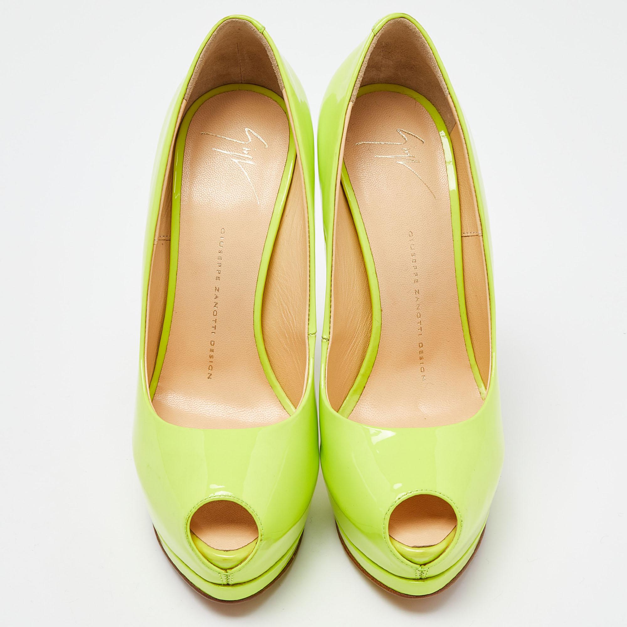 Yellow Giuseppe Zanotti Neon Green Patent Leather Sharon Peep Toe Pumps Size 39 For Sale