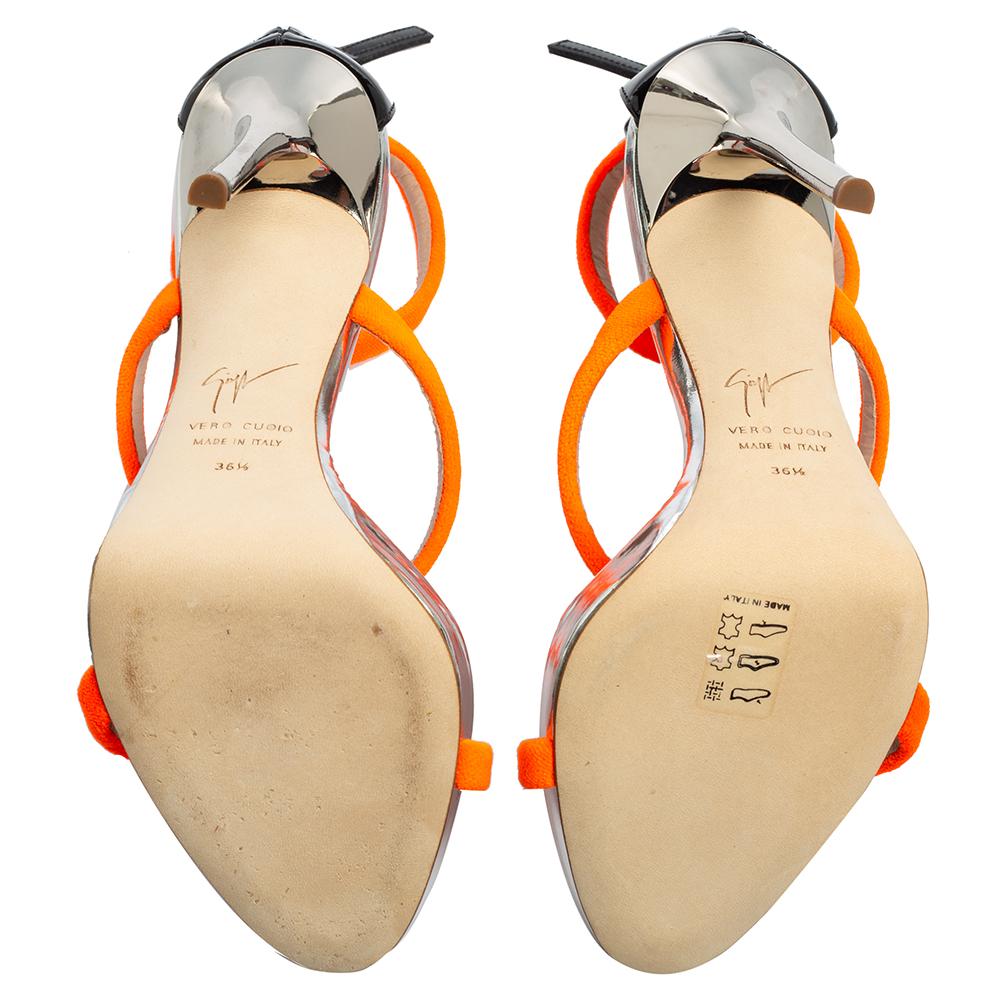 Giuseppe Zanotti Neon Orange Velvet Harmony Ankle-Strap Sandals Size 36.5 In Excellent Condition In Dubai, Al Qouz 2