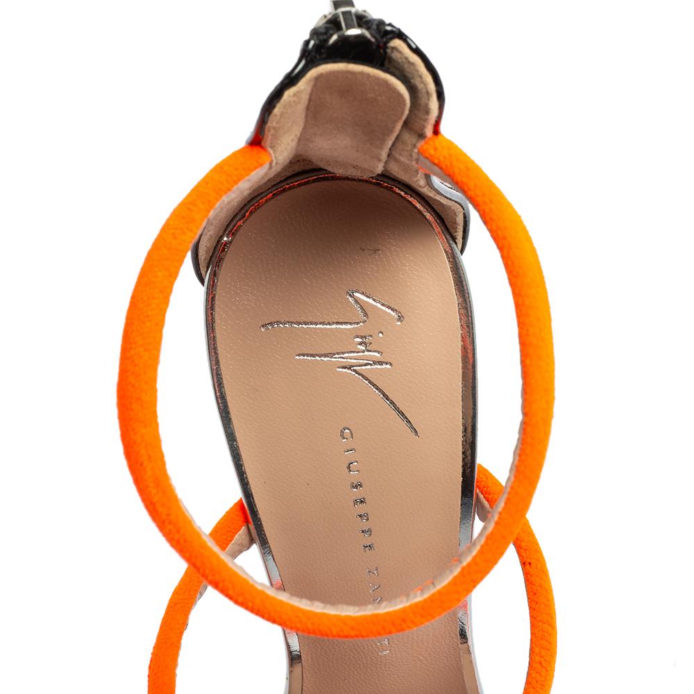 Giuseppe Zanotti Neon Orange Velvet Harmony Ankle-Strap Sandals Size 36.5 1