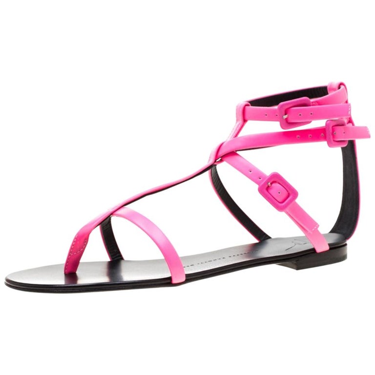 Giuseppe Zanotti Neon Pink Leather Ankle Strap Flat Sandals Size 38 For ...