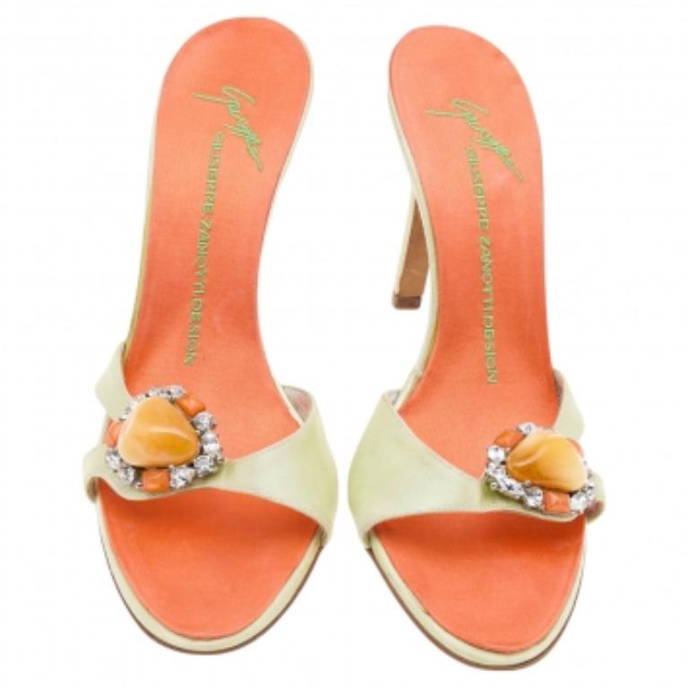 Giuseppe Zanotti Neon Yellow Satin Crystal Embellished Sandals Size 37 For Sale 1