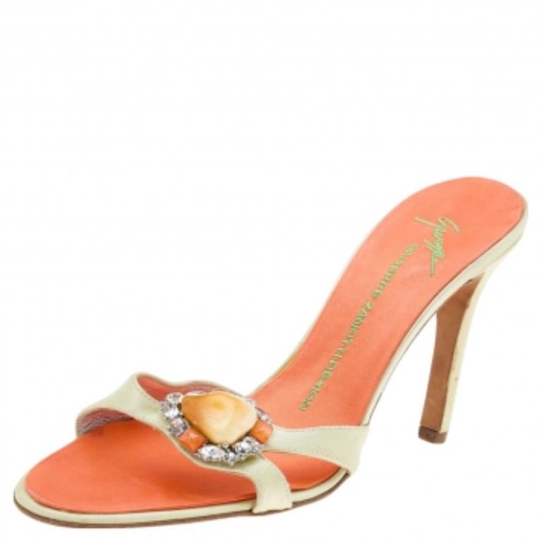 Giuseppe Zanotti Neon Yellow Satin Crystal Embellished Sandals Size 37 For Sale 2