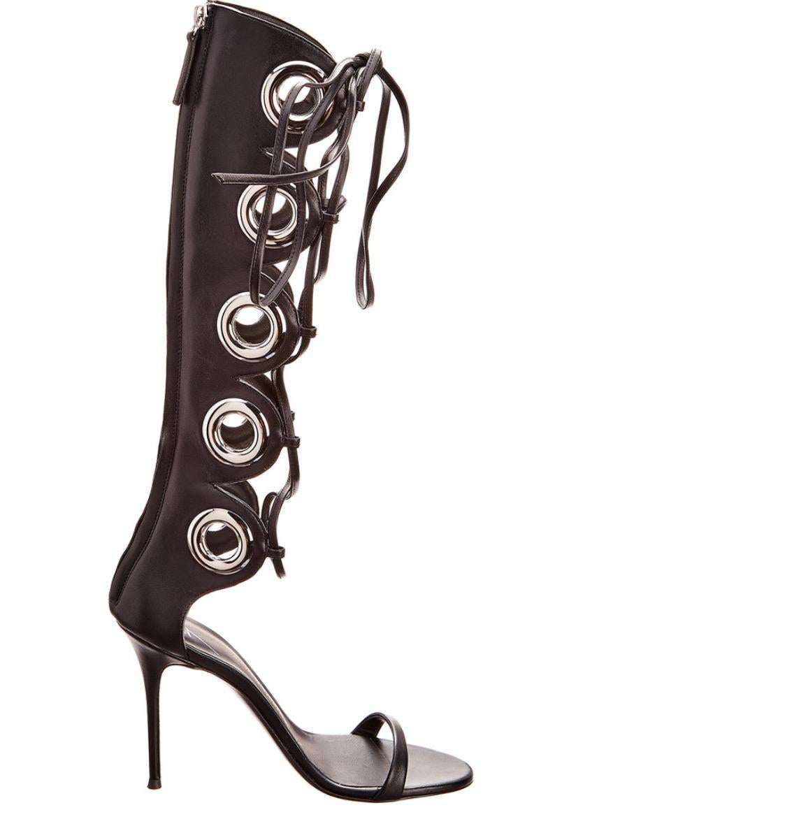 Women's Giuseppe Zanotti NEW Black Leather Silver Grommet Lace Up Sandals Heels in Box 
