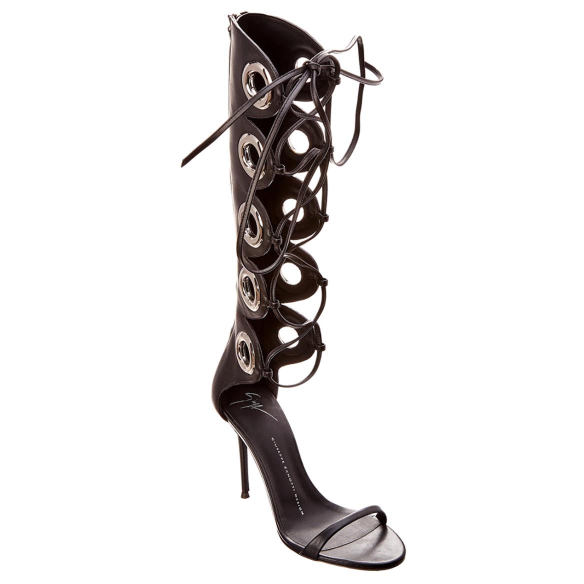 Giuseppe Zanotti NEW Black Leather Silver Grommet Lace Up Sandals Heels in Box 