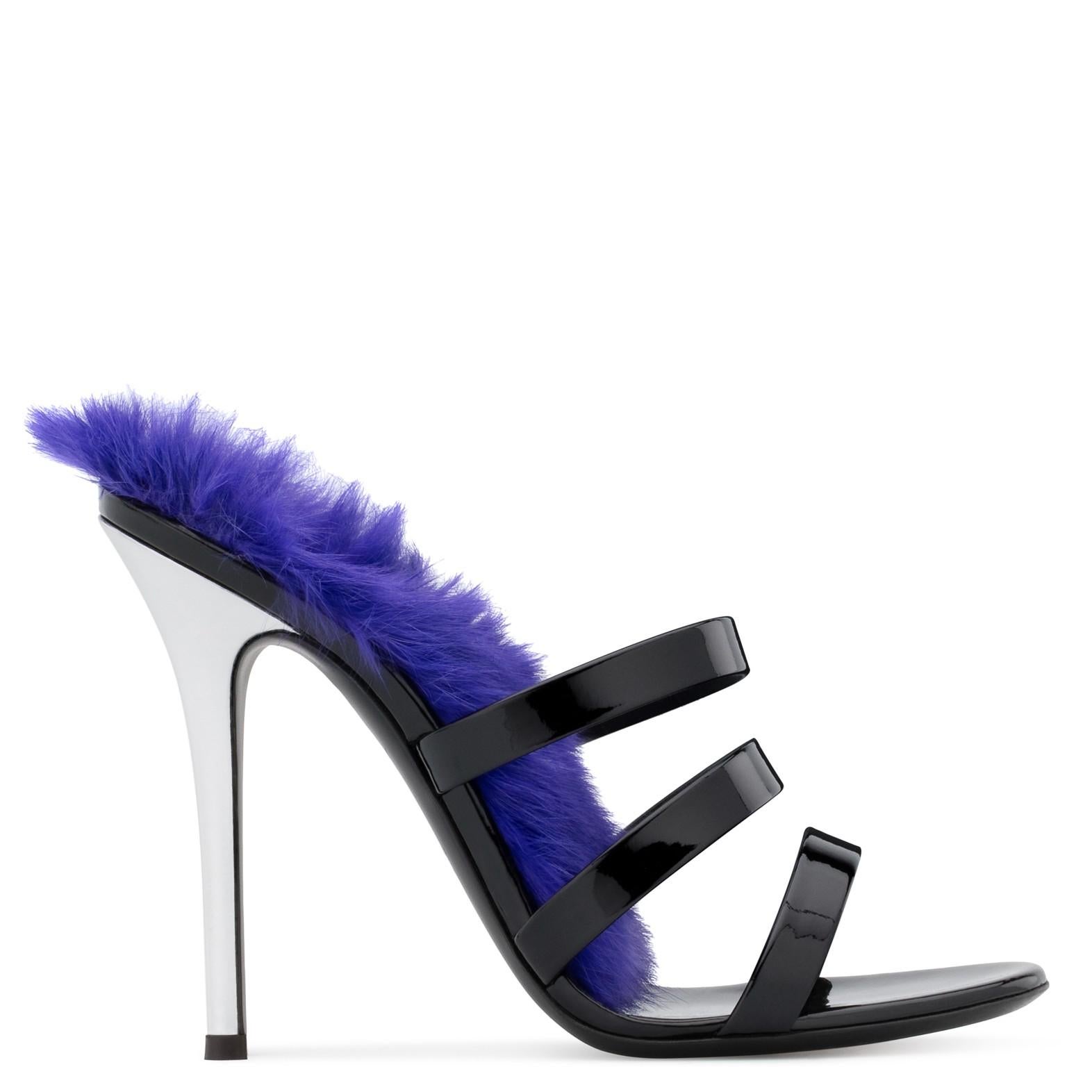 Purple Giuseppe Zanotti NEW Black Patent Feather Evening Slides Sandals Heels in Box