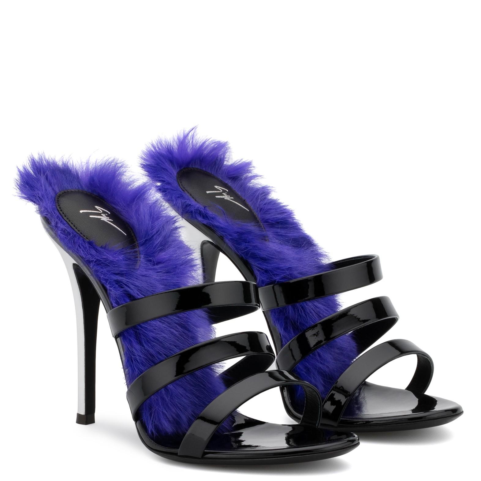 Women's Giuseppe Zanotti NEW Black Patent Feather Evening Slides Sandals Heels in Box