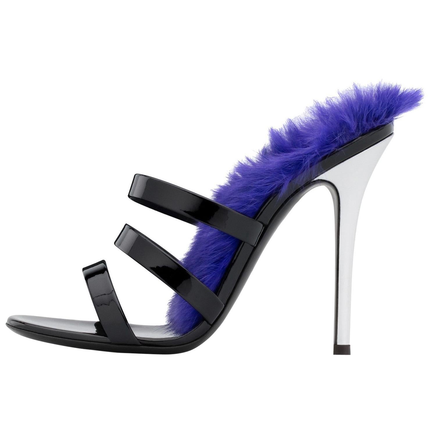Giuseppe Zanotti NEW Black Patent Feather Evening Slides Sandals Heels in Box