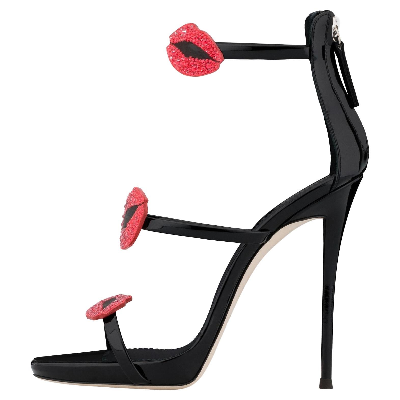 Giuseppe Zanotti NEW Black Patent Red Crystal Evening Sandals Heels in Box