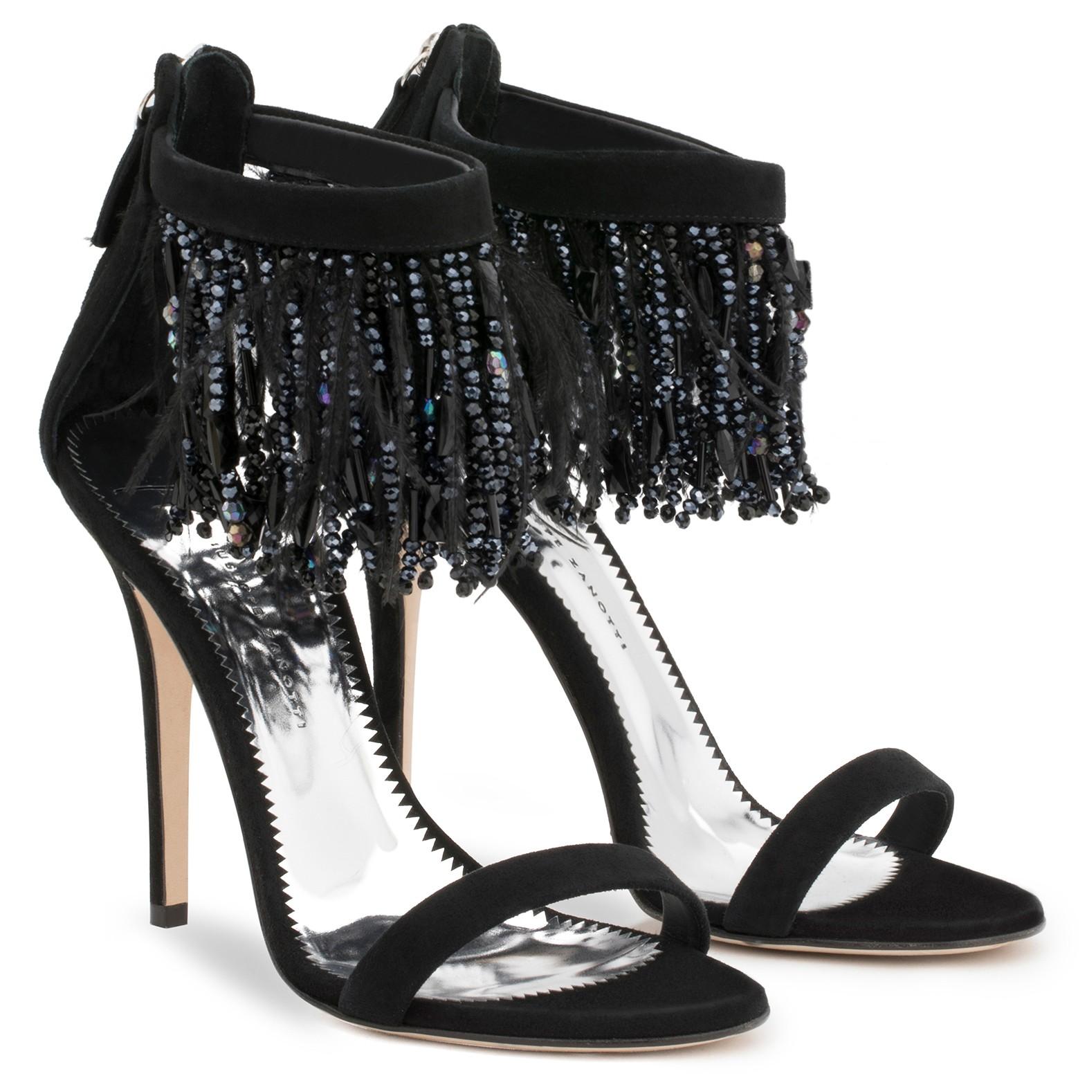 Women's Giuseppe Zanotti NEW Black Suede Bead Feather Evening Sandals Heels in Box 