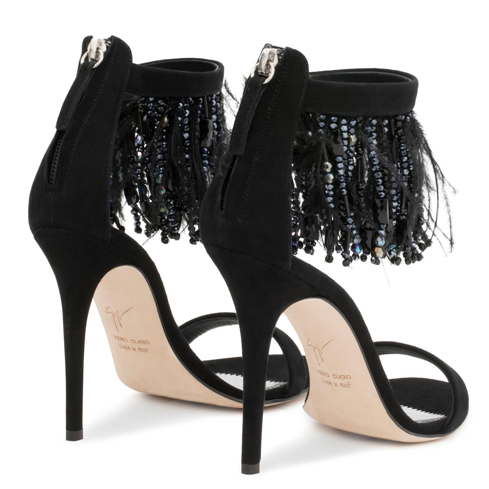 Giuseppe Zanotti NEW Black Suede Bead Feather Evening Sandals Heels in Box  1