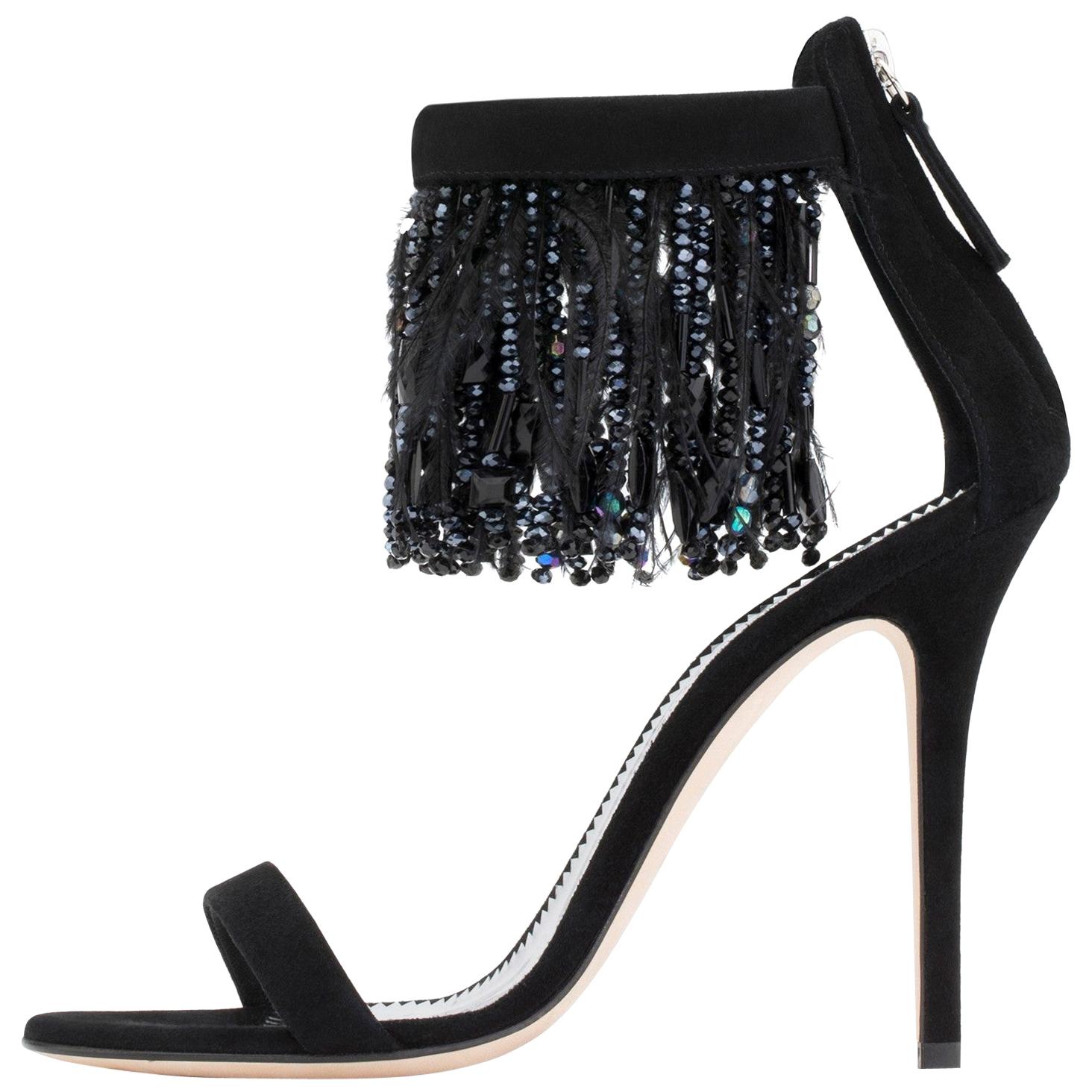 Giuseppe Zanotti NEW Black Suede Bead Feather Evening Sandals Heels in Box 