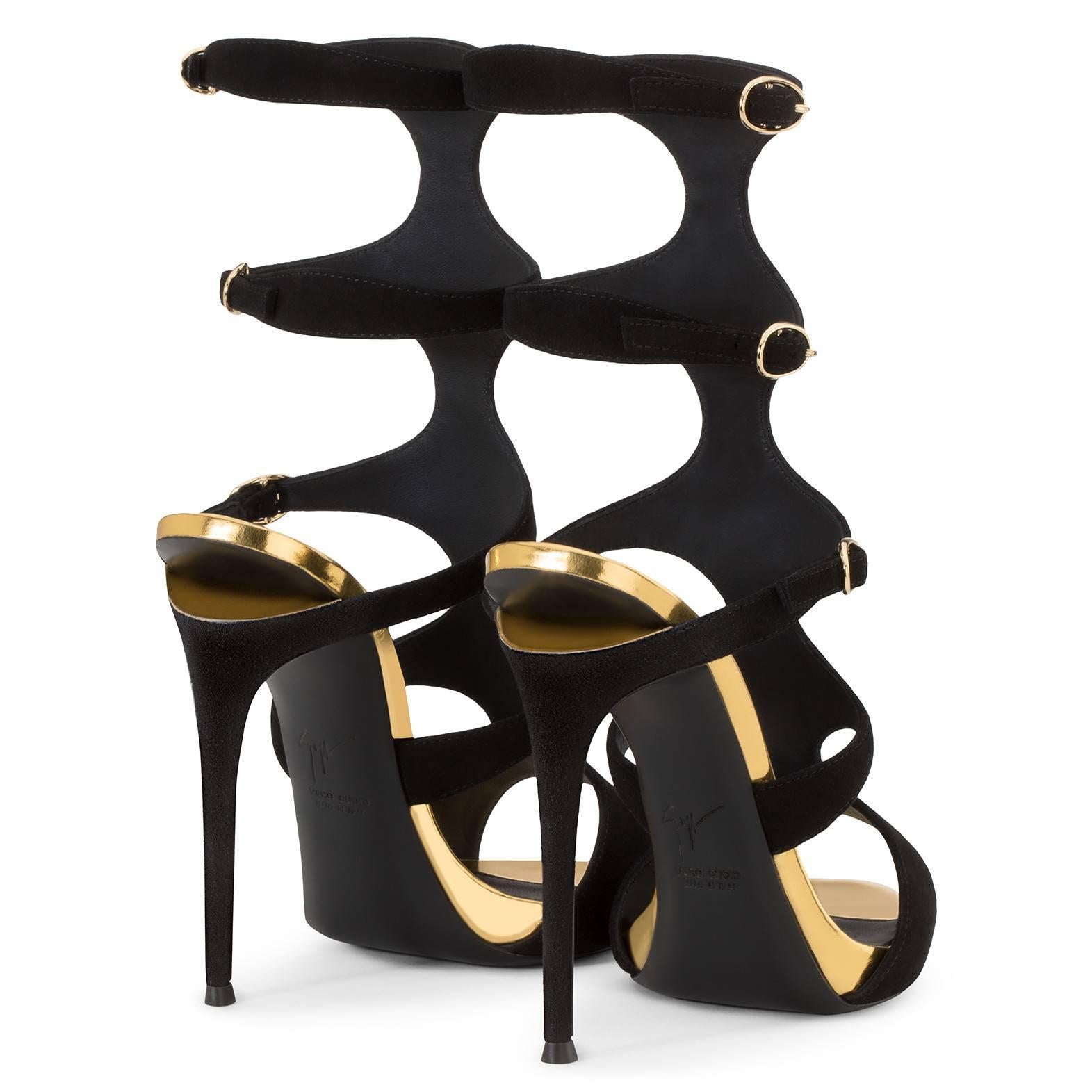 Giuseppe Zanotti New Black Suede Gold Evening Sandals Heels  In New Condition In Chicago, IL