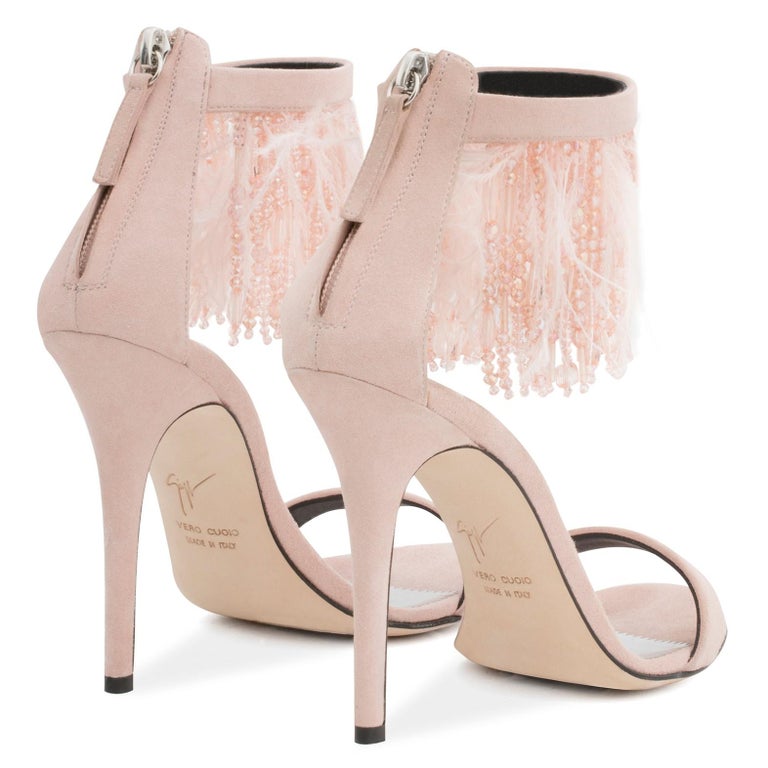 Giuseppe Zanotti NEW Blush Suede Feather Bead Evening Sandals Heels in