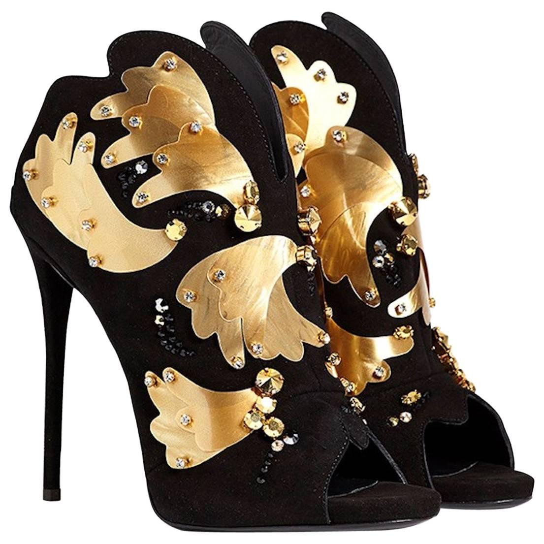 Giuseppe Zanotti NEW Evening Black Suede Gold Crystal Shoes Sandals Heels in Box 1